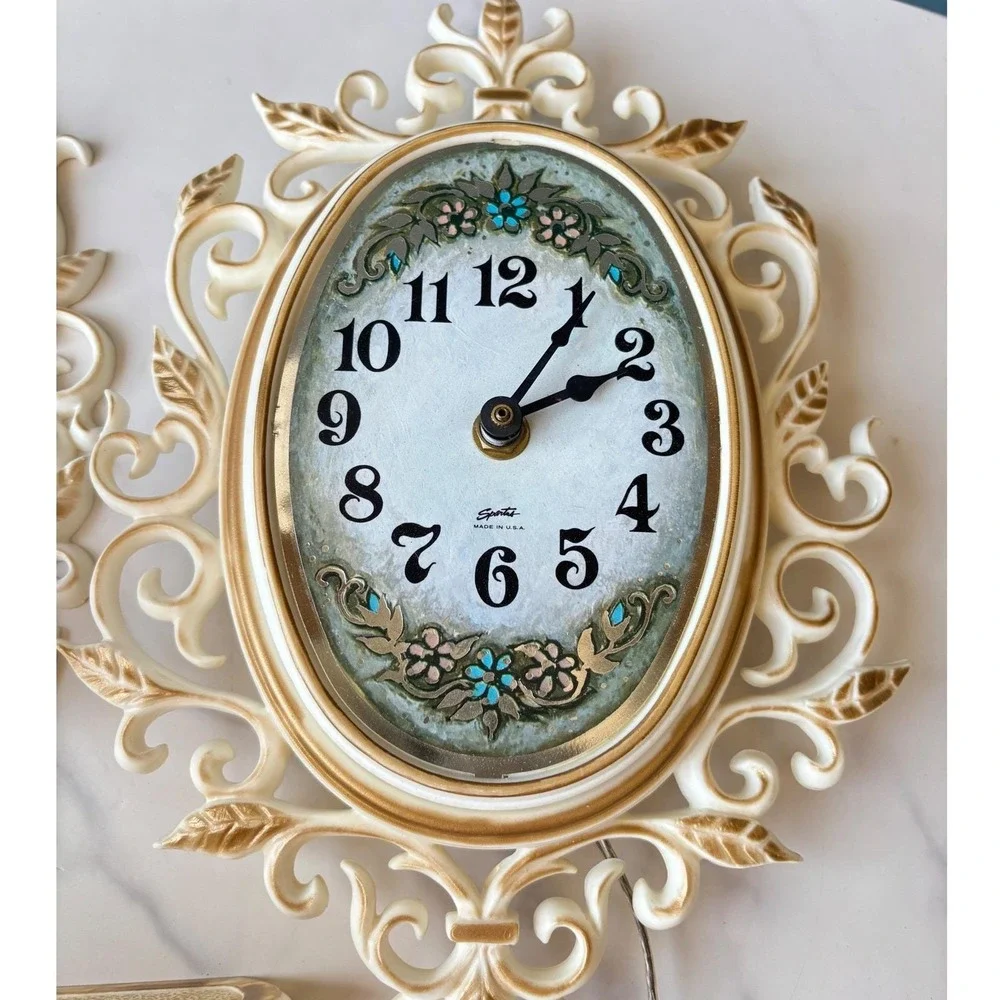 Vtg Spartus Wall Clock Shelf Sconces Set‎ 4pc Hollywood Regency Gold Cream 60s